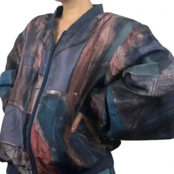 VTG 90s Abstract Silk Windbreaker Bomber Jacket - Picture 2 of 5